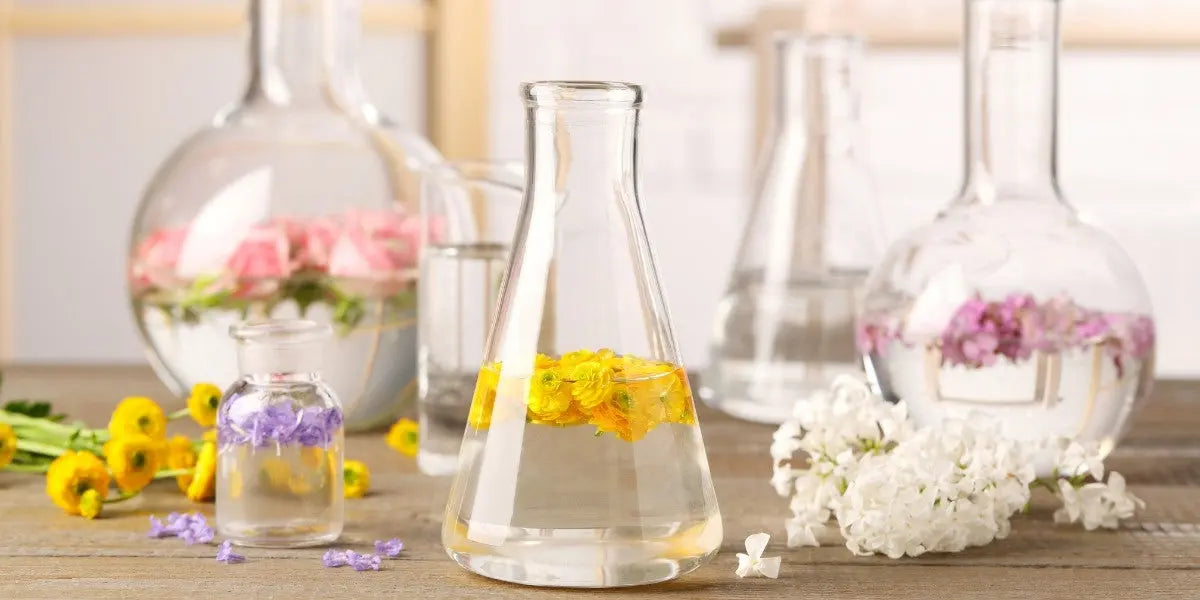 Flacons de parfum avec des fleurs fraîches utilisés dans la fabrication des parfums de Grasse pour les savons Joa Savon