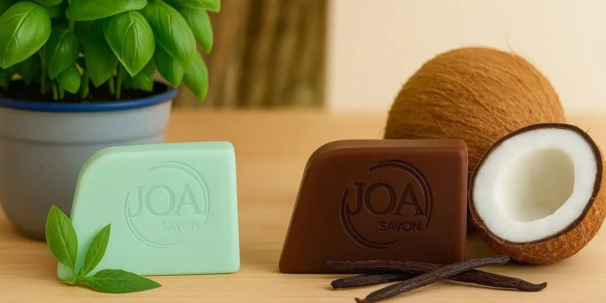 Savons Joa du mois de juillet – fraîcheur basilic et douceur coco-vanille.