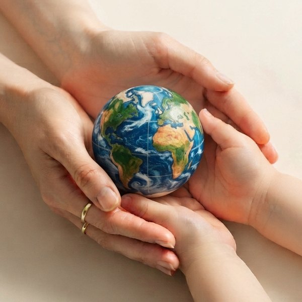 Mains d'une femme et d'un enfant tenant délicatement une petite planète Terre, sur un fond crème lumineux