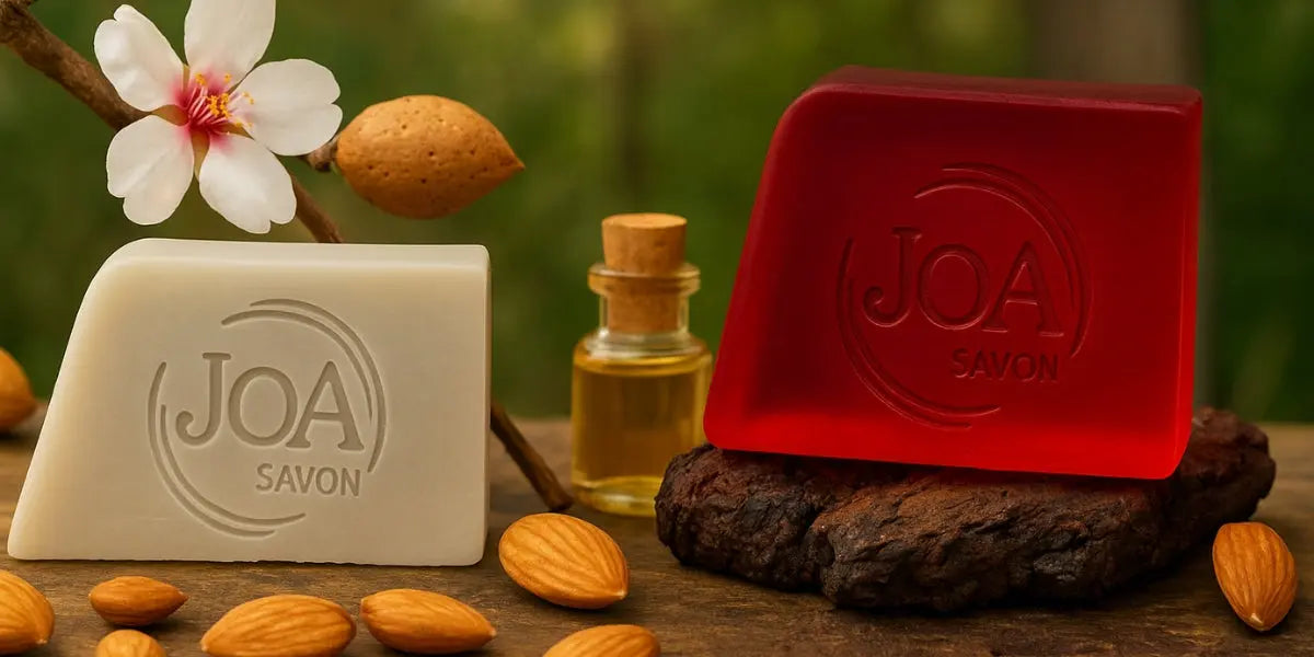 Savons Amande et Oud Joa Savon posés sur un fond naturel de bois et feuillage, entourés d’amandes, fleurs et huile parfumée, pour une atmosphère authentique et apaisante.