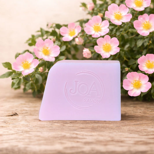Savon Rose Musquée Joa Savon dans une ambiance florale et délicate avec fleurs de rose sauvages