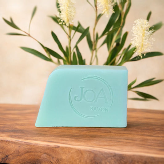 Savon Tea Tree Joa Savon dans une ambiance naturelle avec feuilles et atmosphère apaisante