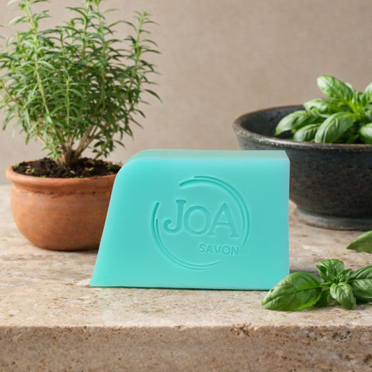 Savon Verveine Basilic Joa Savon dans une ambiance naturelle avec plantes aromatiques et tons frais